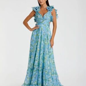 Mac Duggal Blue Floral Ruffle Tiered Cut Out Chiffon Gown